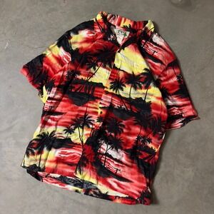 Vintage KY'S Hawaiian Shirt Mens XL Red Sunset Palm Tree Surfer Aloha Beach